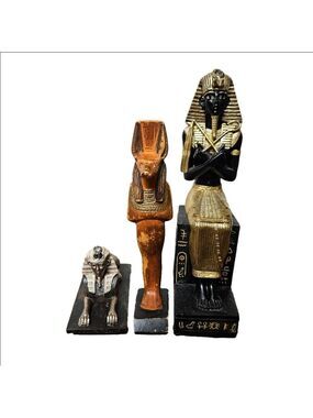 Vintage Egyptian Anubis, Sphinx and Sitting Pharaoh Wooden Miniature Sculptures